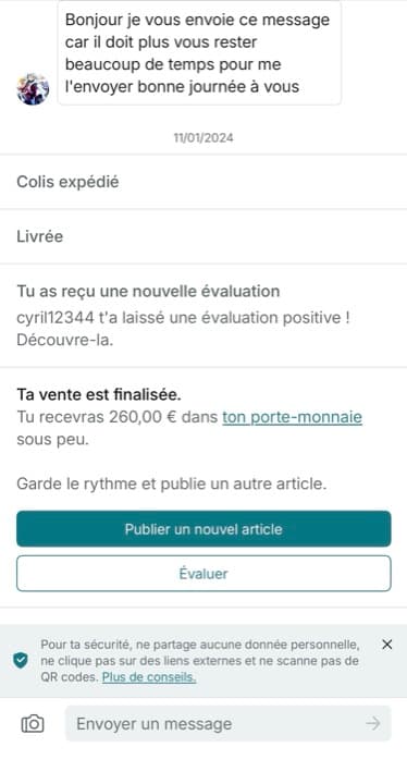Vente réelle finalisée sur Vinted