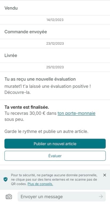 Vente réelle finalisée sur Vinted