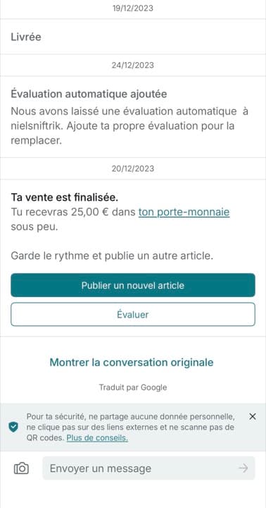 Vente réelle finalisée sur Vinted