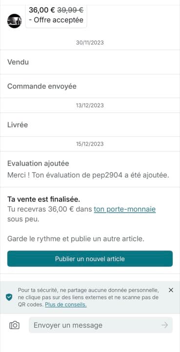 Vente réelle finalisée sur Vinted