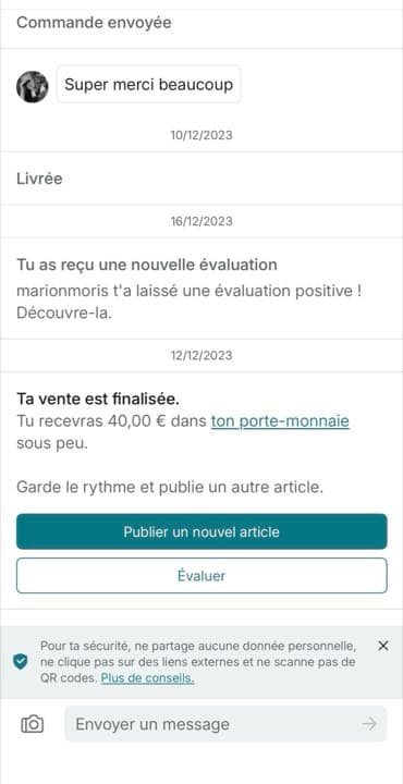 Vente réelle finalisée sur Vinted