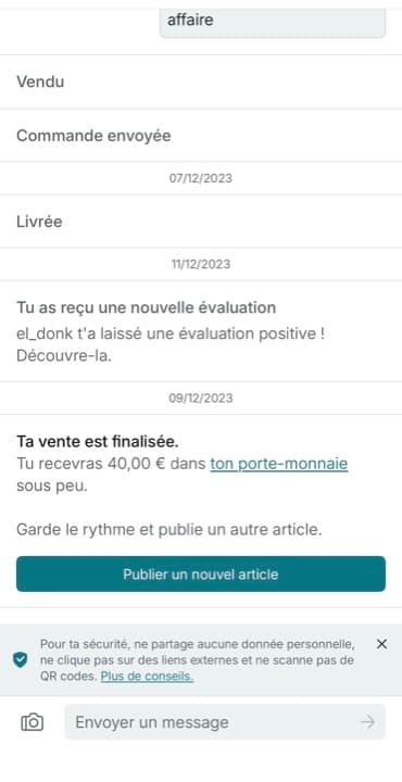 Vente réelle finalisée sur Vinted