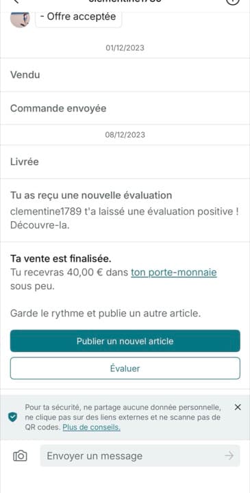 Vente réelle finalisée sur Vinted