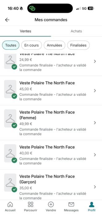 Vente réelle finalisée sur Vinted