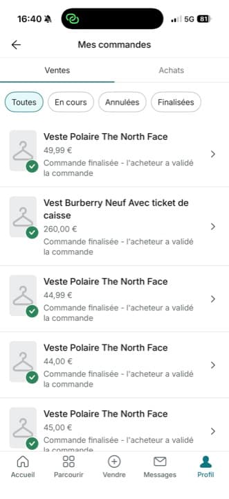 Vente réelle finalisée sur Vinted